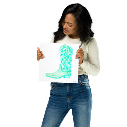Print | Watercolor Mint Turquoise Cowboy Boot 10″×10″