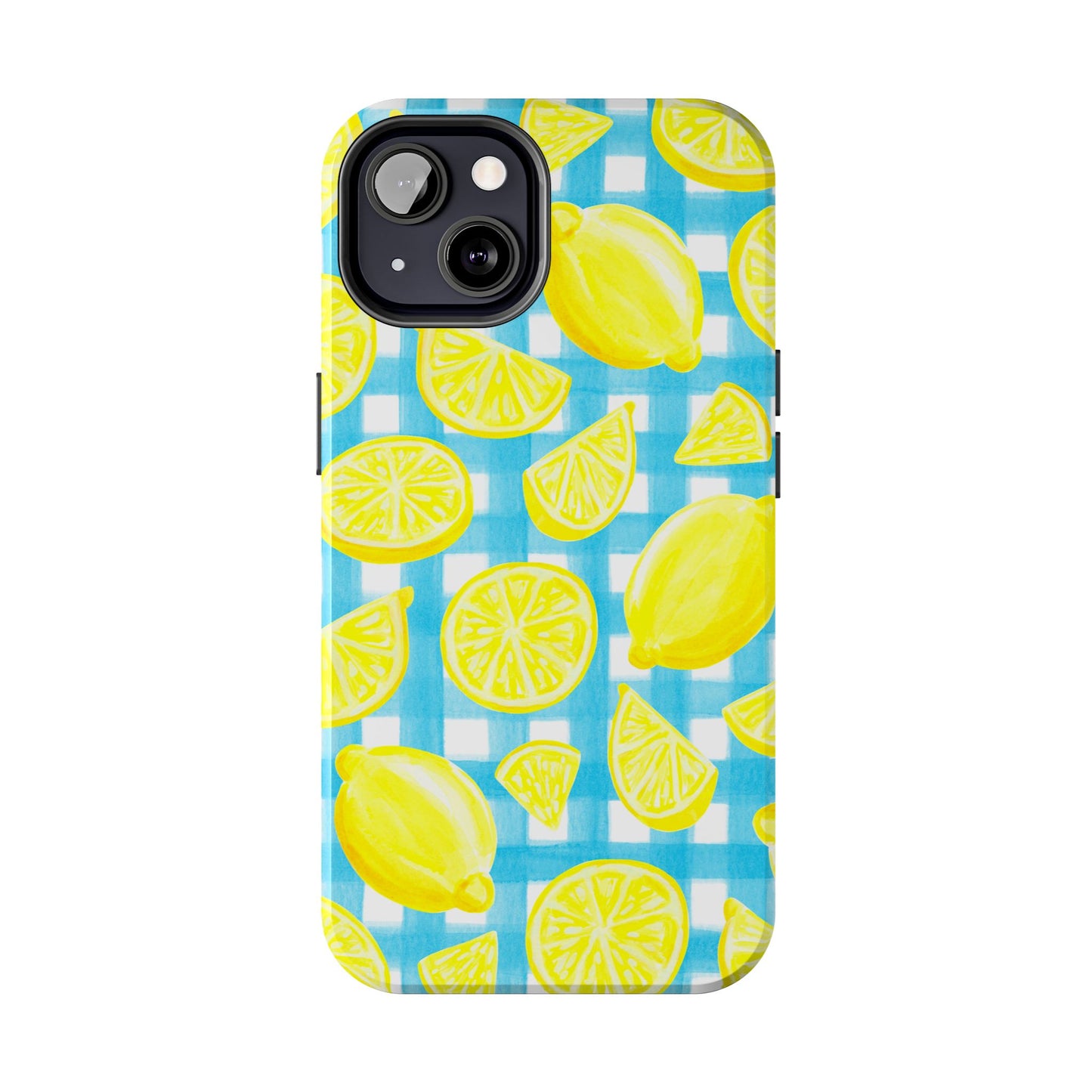 Bright Yellow Lemons Watercolor Illustrated Tossed Pattern Turquoise Gingham Tough Phone Case | Various Models
