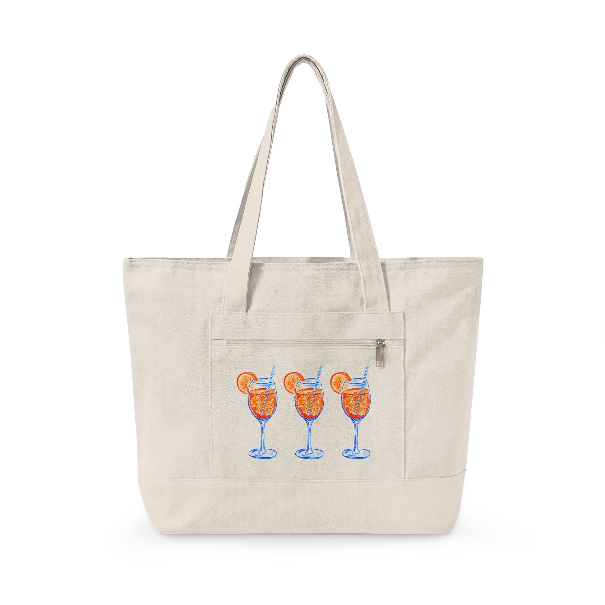 Aperol Spritz Trio Watercolor Printed Zippered Canvas Tote 18" x 14" | Various Colors 18" x 14" x 4.5" Natural