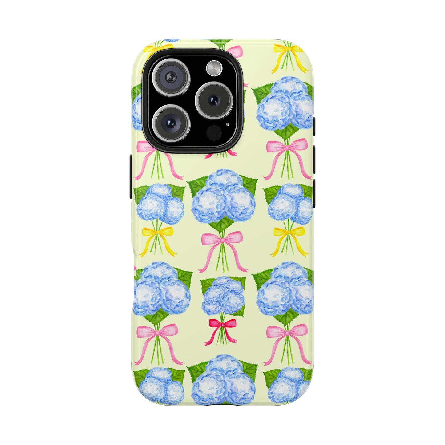 Blue Hydrangeas with Hot Pink, Yellow, Light Pink Bows Watercolor Illustrated Patterned Light Yellow Tough Phone Case | Various Models