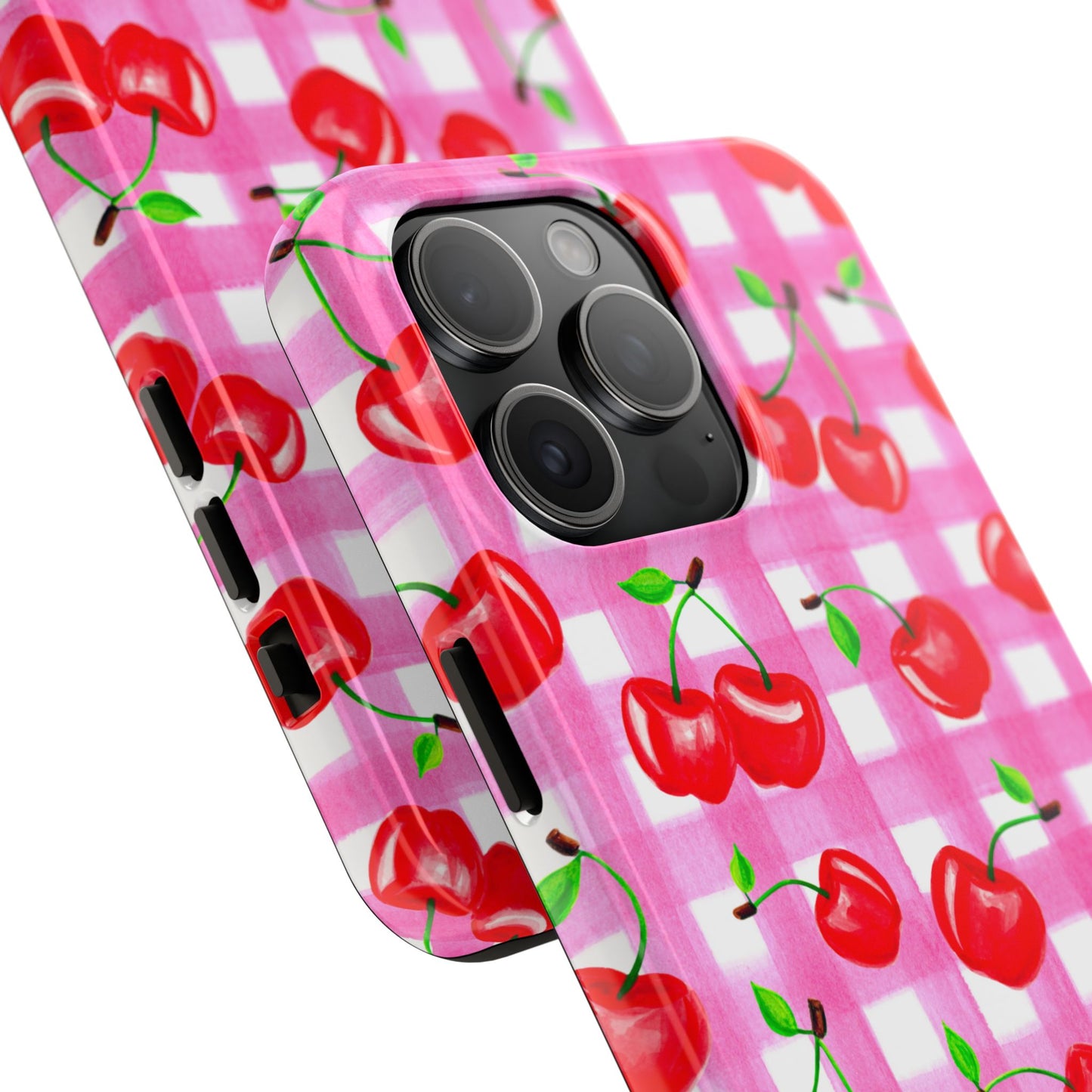 Tossed Red Watercolor Cherries Illustrated Pattern Light Pink Gingham Tough Phone Case | Various Models