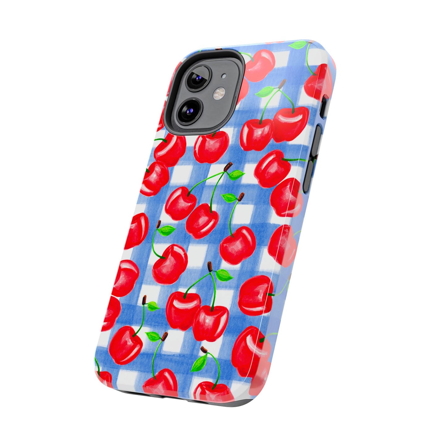 Tossed Red Cherries Blue Gingham Checkered Watercolor Illustrated Tough Phone Case | Various Models