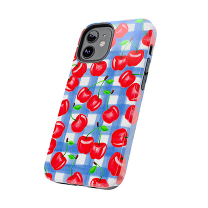 Tossed Red Cherries Blue Gingham Checkered Watercolor Illustrated Tough Phone Case | Various Models