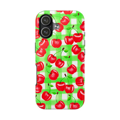 Red Tossed Cherries Green Gingham Watercolor Illustrated Tough Phone Case | Various Models Available