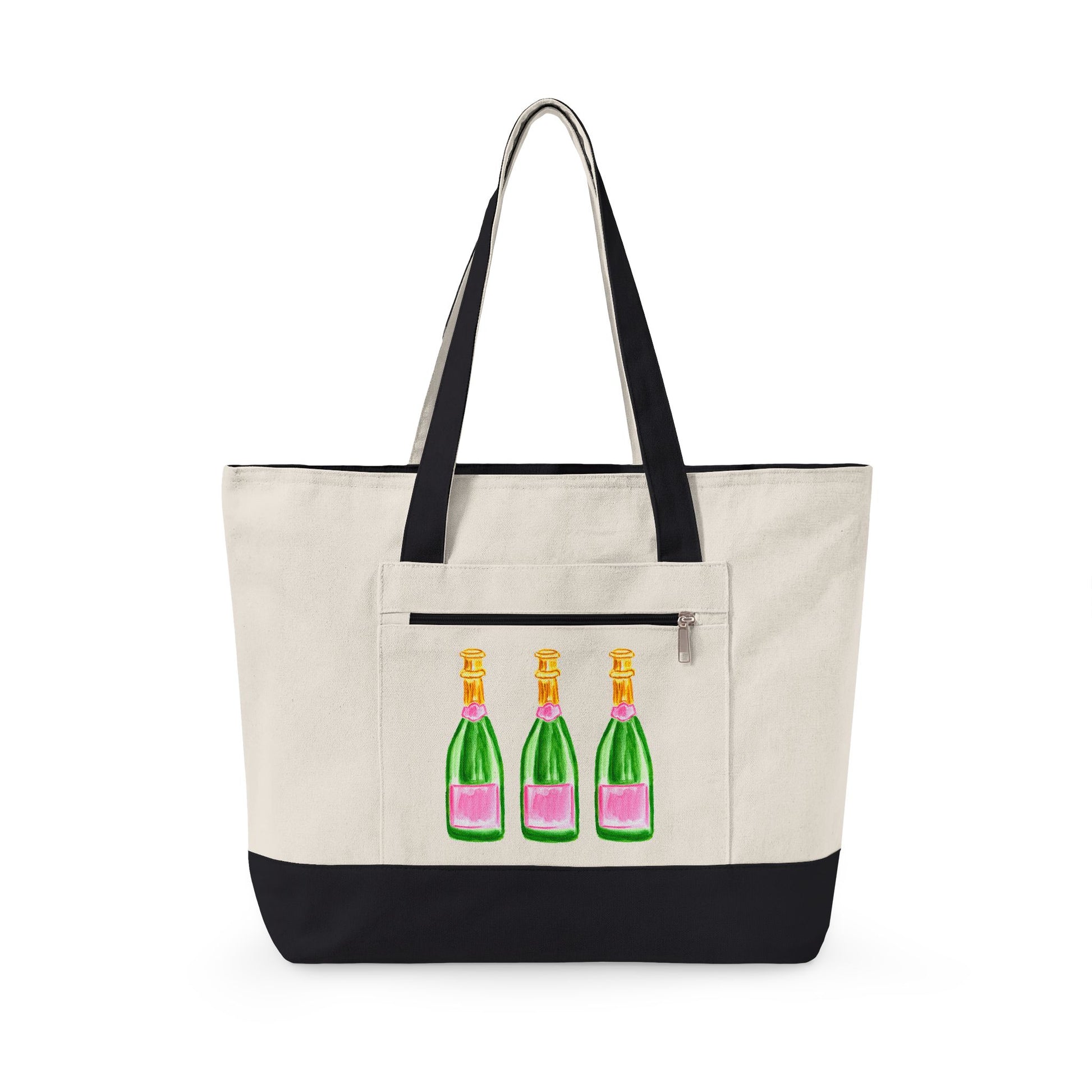 Pink & Green Champagne Bottle Trio Watercolor Printed Zippered Canvas Tote 18" x 14" | Various Colors 18" x 14" x 4.5" Natural Black