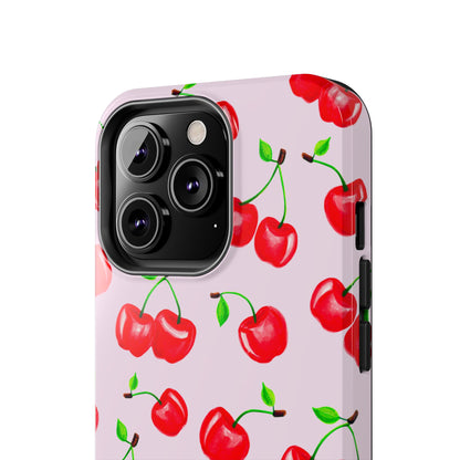 Tossed Red Watercolor Cherries Illustrated Pattern Light Pink Tough Phone Case | Various Models
