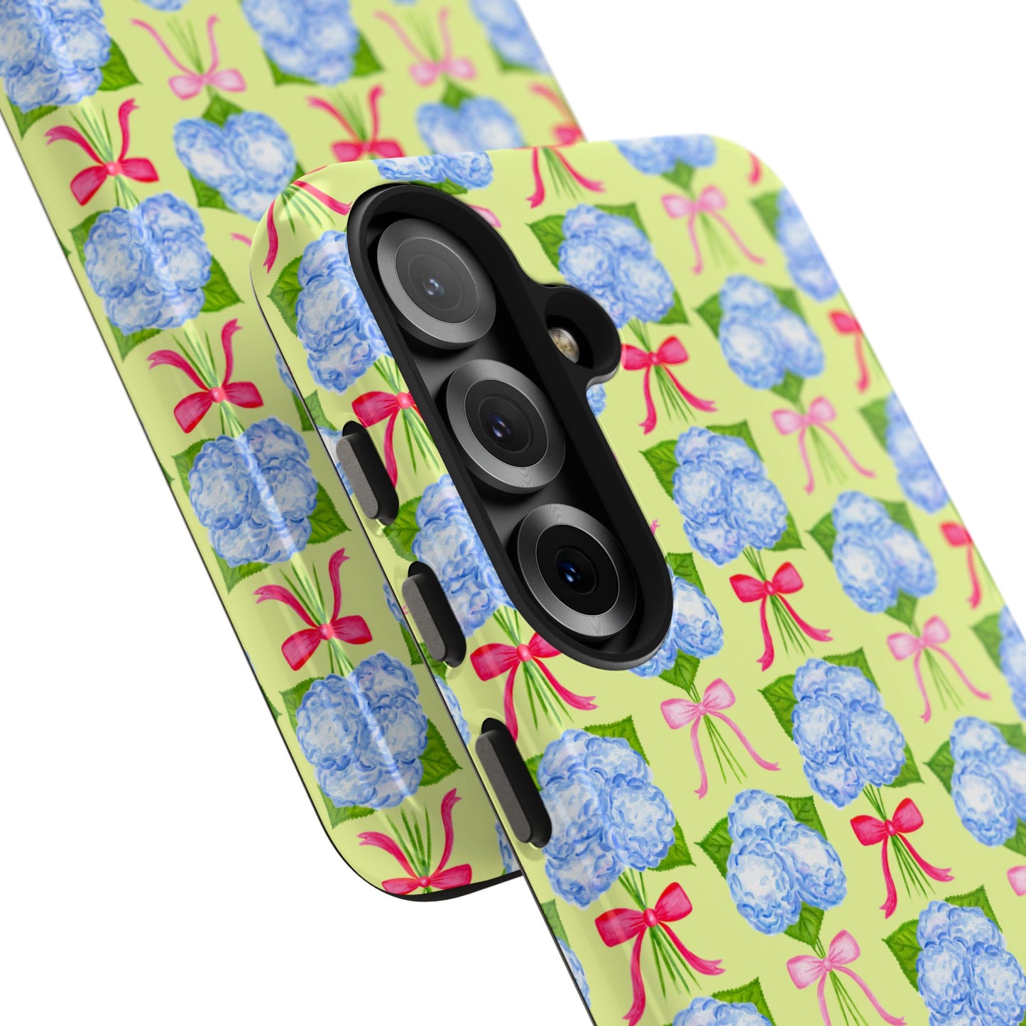 Watercolor Blue Hydrangea Bouquets with Hot Pink and Light Pink Bow Ribbons Illustrated Pattern Yellow Tough Phone Case | Various Models