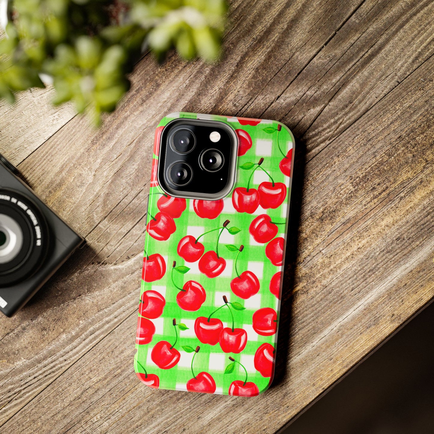 Red Tossed Cherries Green Gingham Watercolor Illustrated Tough Phone Case | Various Models Available