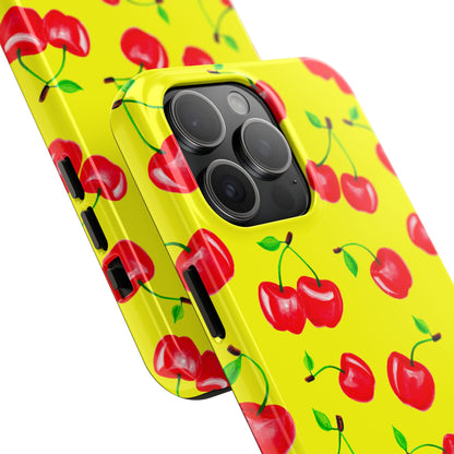 Tossed Red Watercolor Cherries Illustrated Pattern Bright Yellow Tough Phone Case | Various Models