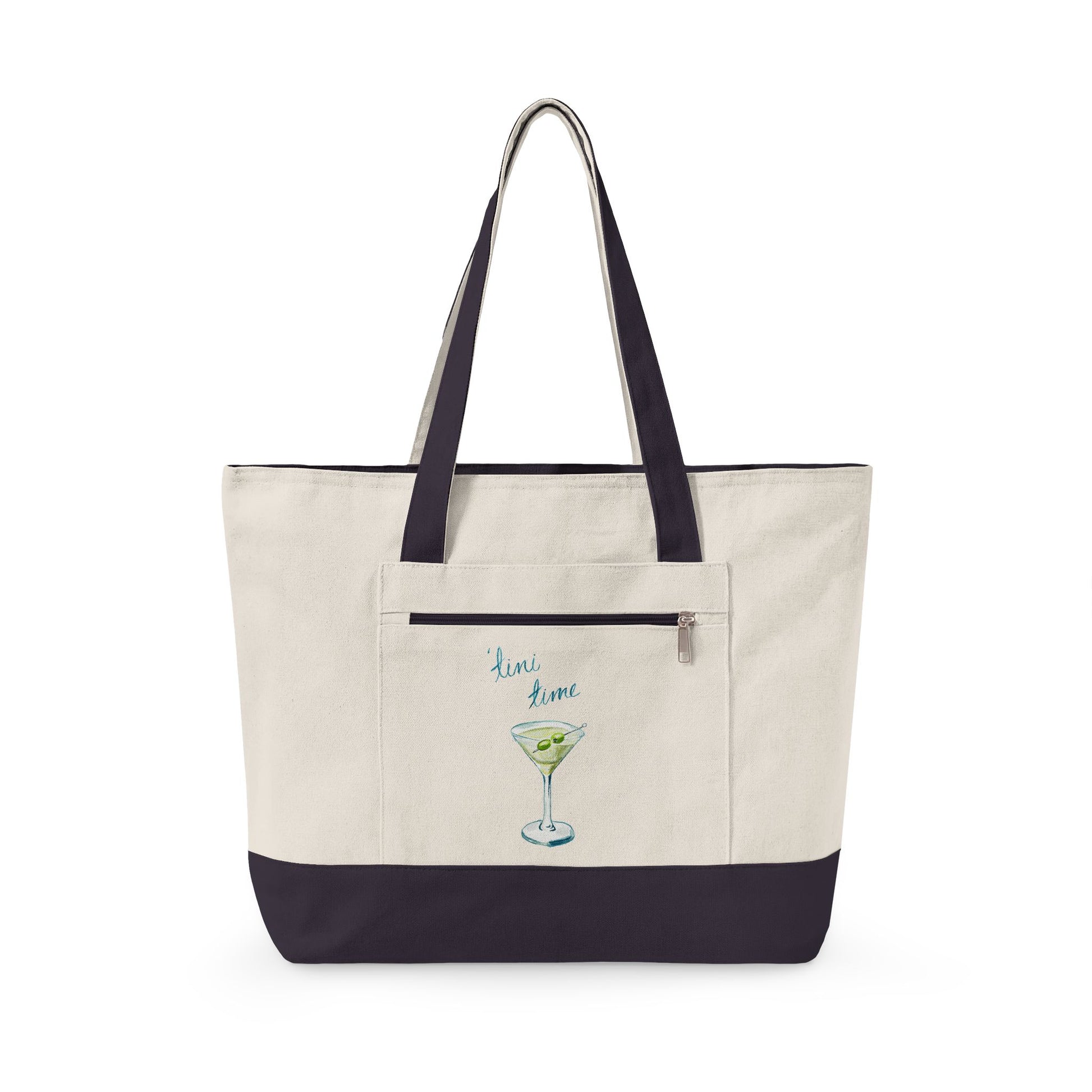"'Tini Time" Blue Green Watercolor Martini Printed Zippered Canvas Tote 18" x 14" | Various Colors 18" x 14" x 4.5" Natural Navy