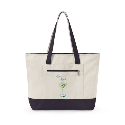 "'Tini Time" Blue Green Watercolor Martini Printed Zippered Canvas Tote 18" x 14" | Various Colors 18" x 14" x 4.5" Natural Navy