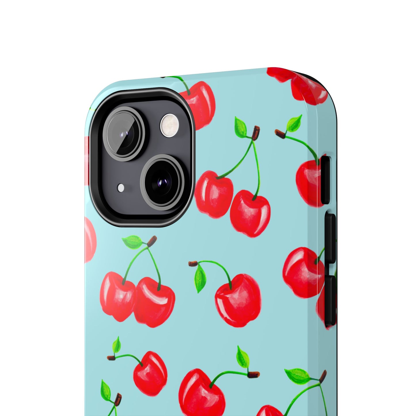 Tossed Red Watercolor Cherries Illustrated Pattern Bright Blue Tough Phone Case | Various Models