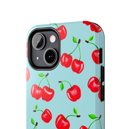 Tossed Red Watercolor Cherries Illustrated Pattern Bright Blue Tough Phone Case | Various Models