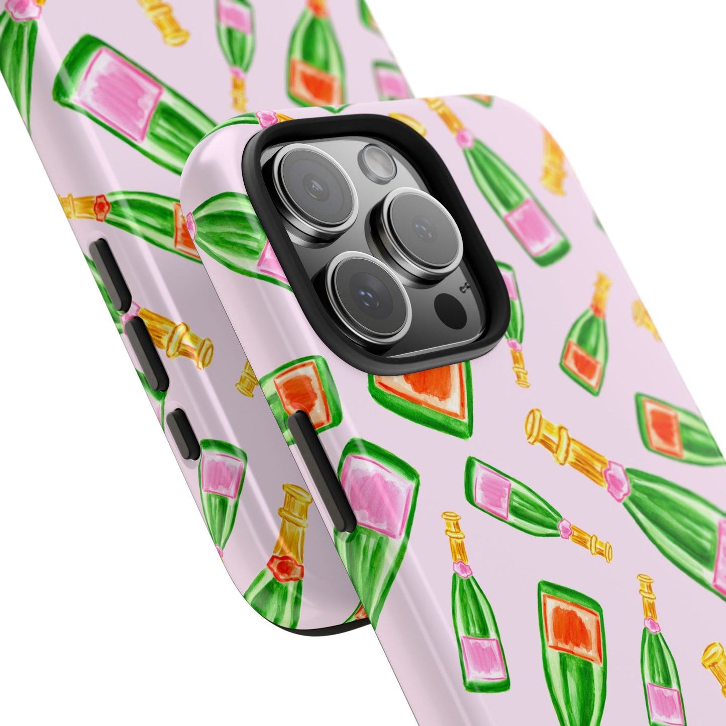 Tossed Pink and Green & Orange and Green Watercolor Illustrated Champagne Bottles Pattern Blush Pink Tough Phone Case | Various Models