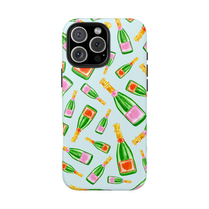 Tossed Pink and Green & Orange and Green Watercolor Illustrated Champagne Bottles Pattern Light Blue Tough Phone Case | Various Models