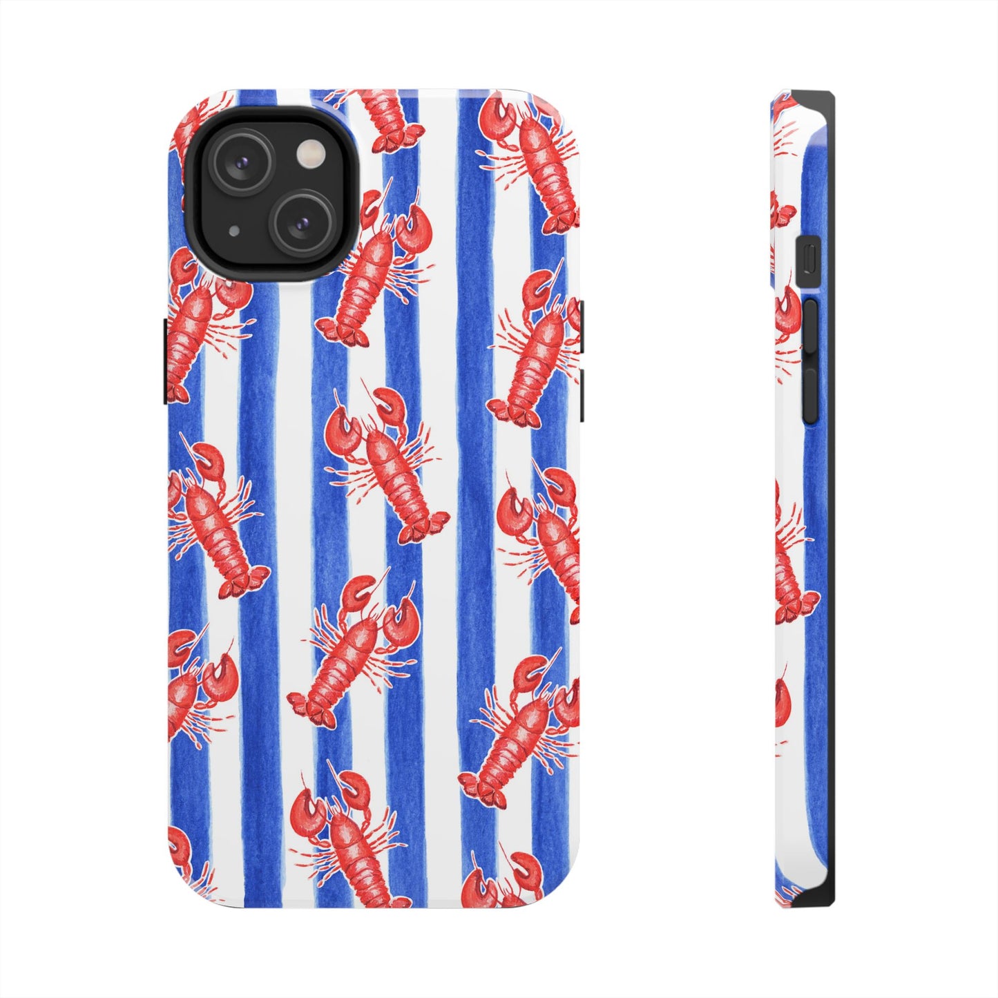 Blue & White Strip Red Lobster Watercolor Patterned Phone Case | Various Models iPhone 14 Plus