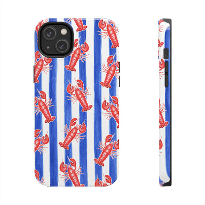 Blue & White Strip Red Lobster Watercolor Patterned Phone Case | Various Models iPhone 14 Plus