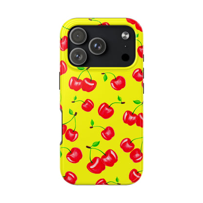 Tossed Red Watercolor Cherries Illustrated Pattern Bright Yellow Tough Phone Case | Various Models