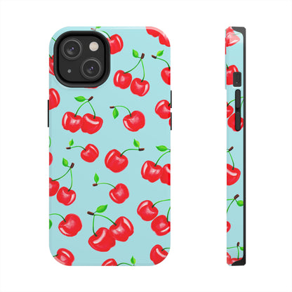 Tossed Red Watercolor Cherries Illustrated Pattern Bright Blue Tough Phone Case | Various Models