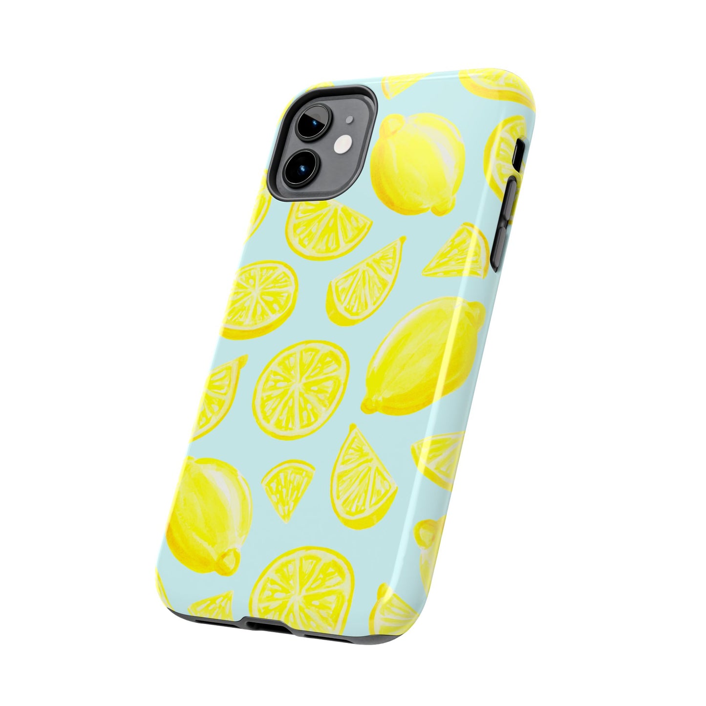 Bright Yellow Lemons Watercolor Illustrated Tossed Pattern Light Blue Tough Phone Case | Various Models