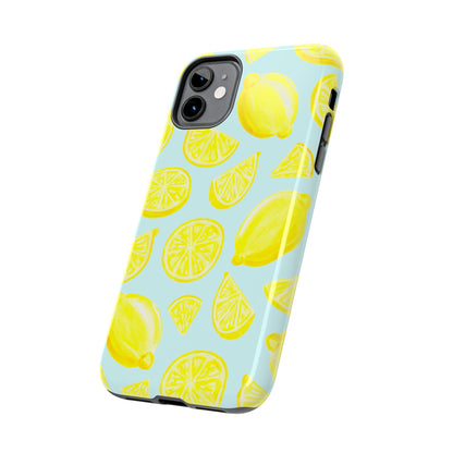 Bright Yellow Lemons Watercolor Illustrated Tossed Pattern Light Blue Tough Phone Case | Various Models