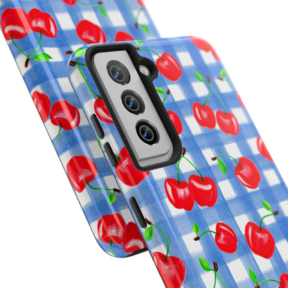 Tossed Red Watercolor Illustrated Cherries Light Blue Gingham Tough Phone Case | Various Models