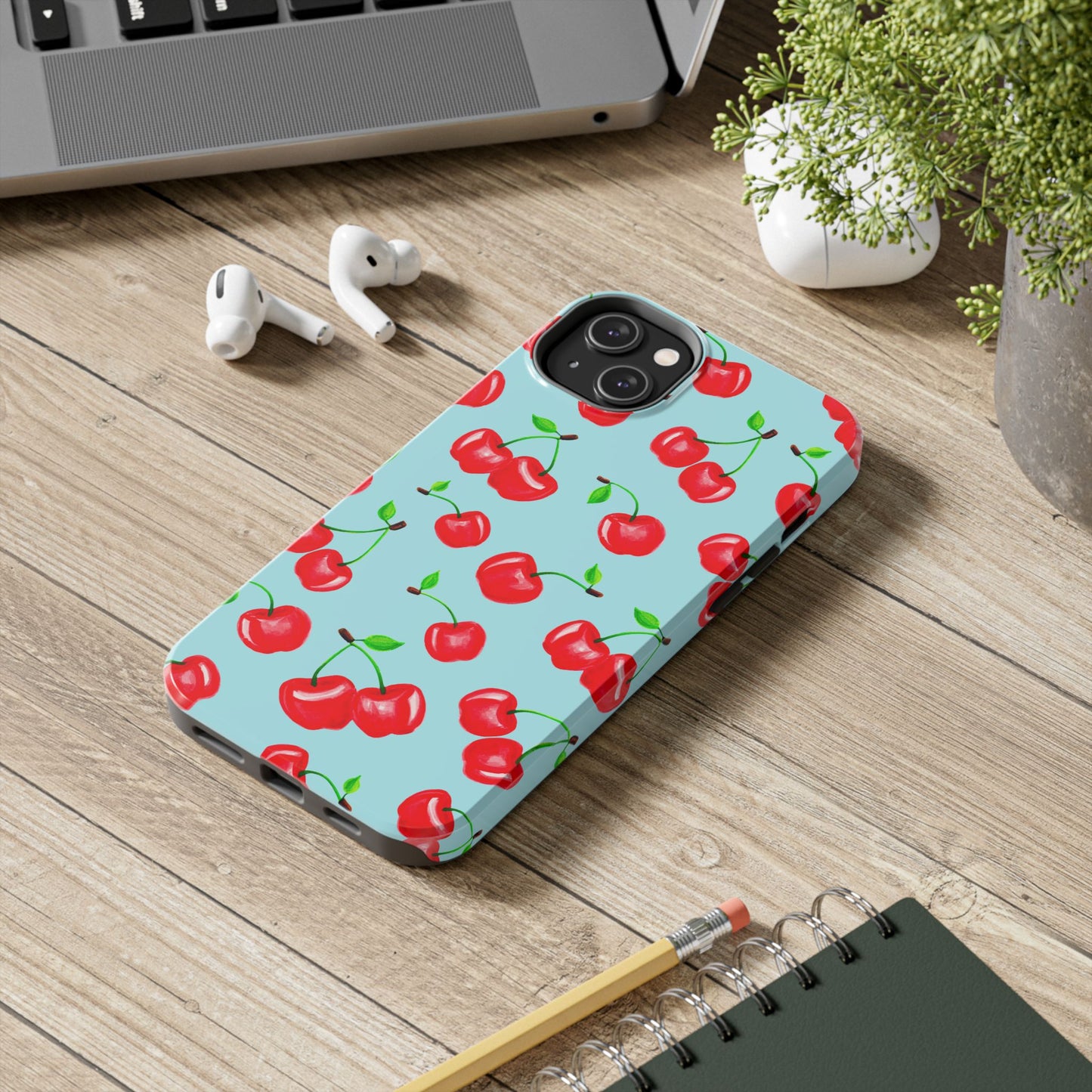 Tossed Red Watercolor Cherries Illustrated Pattern Bright Blue Tough Phone Case | Various Models