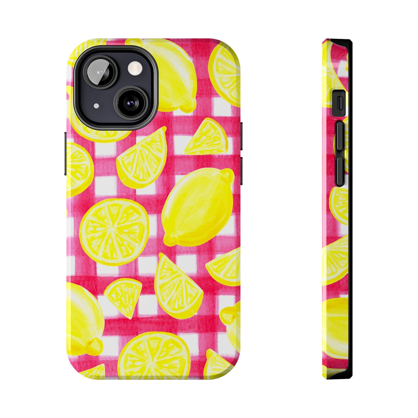 Yellow Lemons & Hot Pink Gingham Watercolor Illustrated Tough Phone Case | Various Models Available