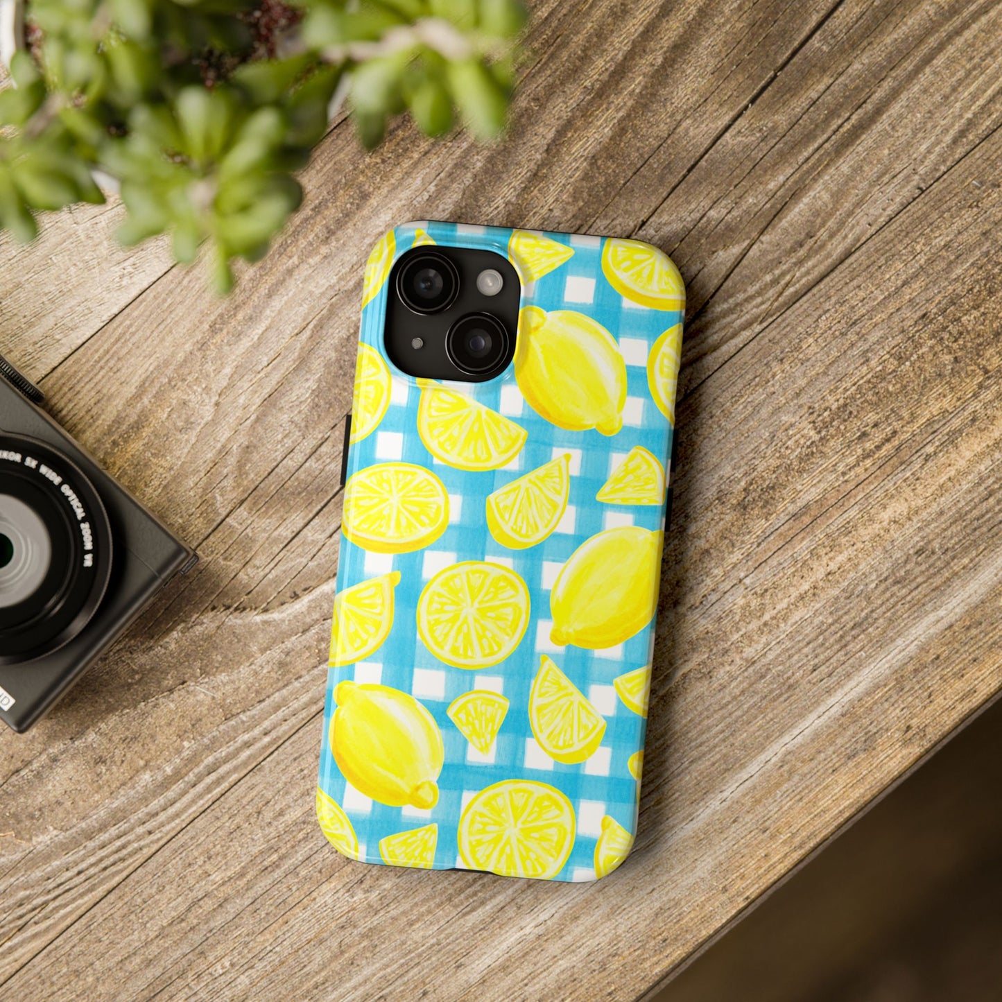 Bright Yellow Lemons Watercolor Illustrated Tossed Pattern Turquoise Gingham Tough Phone Case | Various Models