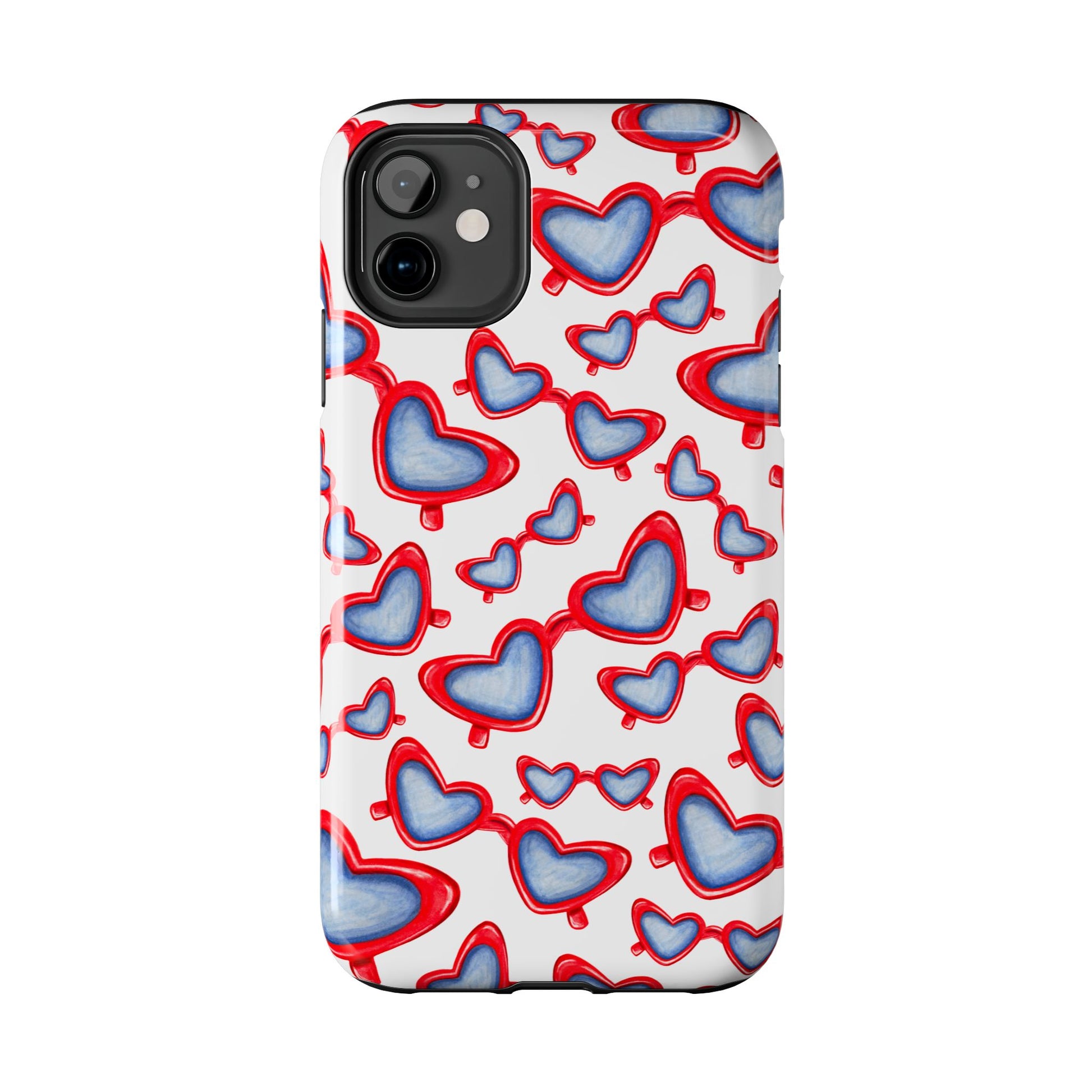 Red, White, & Blue Heart Shaped Watercolor Sunglasses Tossed Pattern Tough Phone Cases iPhone 11