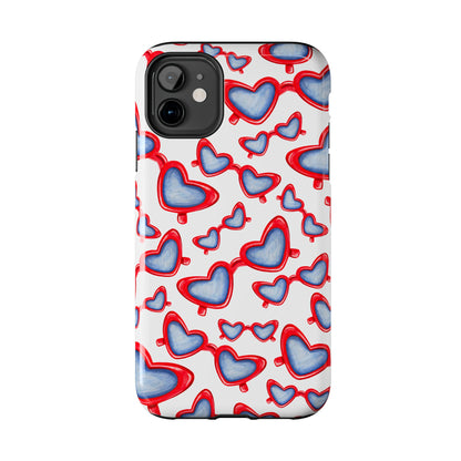 Red, White, & Blue Heart Shaped Watercolor Sunglasses Tossed Pattern Tough Phone Cases iPhone 11