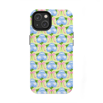 Blue Watercolor Hydrangea Bouquets with Light Pink Bows Watercolor Illustrated Patterned Yellow Tough Phone Case | Various Models
