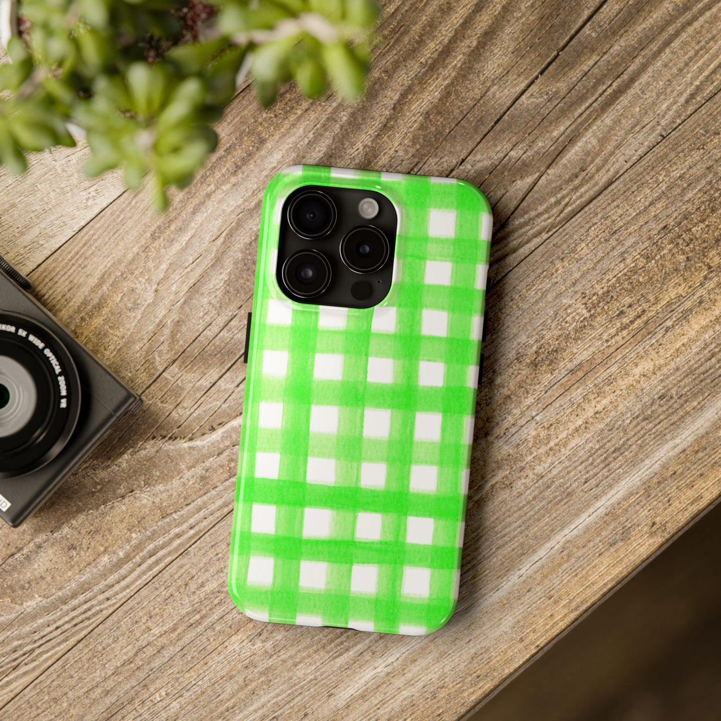 Lime Green Gingham Watercolor Illustrated Tough Phone Case | Various Models Available