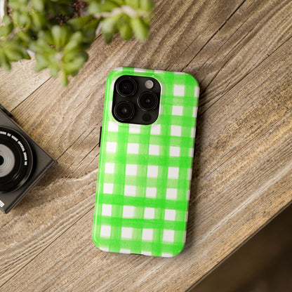 Lime Green Gingham Watercolor Illustrated Tough Phone Case | Various Models Available