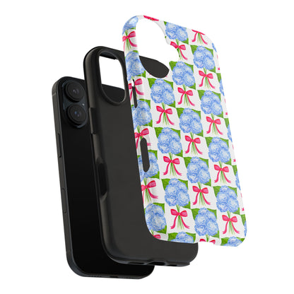 Blue Watercolor Hydrangea Bouquets with Hot Pink Bows Illustrated Patterned Tough Phone Case | Various Models