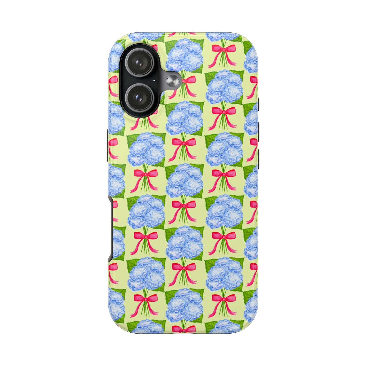 Blue Watercolor Hydrangea Bouquets with Hot Pink Bows Illustrated Patterned Yellow Preppy Grand Millenial Tough Phone Case | Various Models