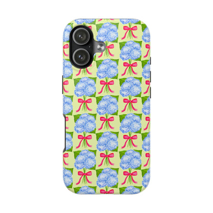 Blue Watercolor Hydrangea Bouquets with Hot Pink Bows Illustrated Patterned Yellow Preppy Grand Millenial Tough Phone Case | Various Models