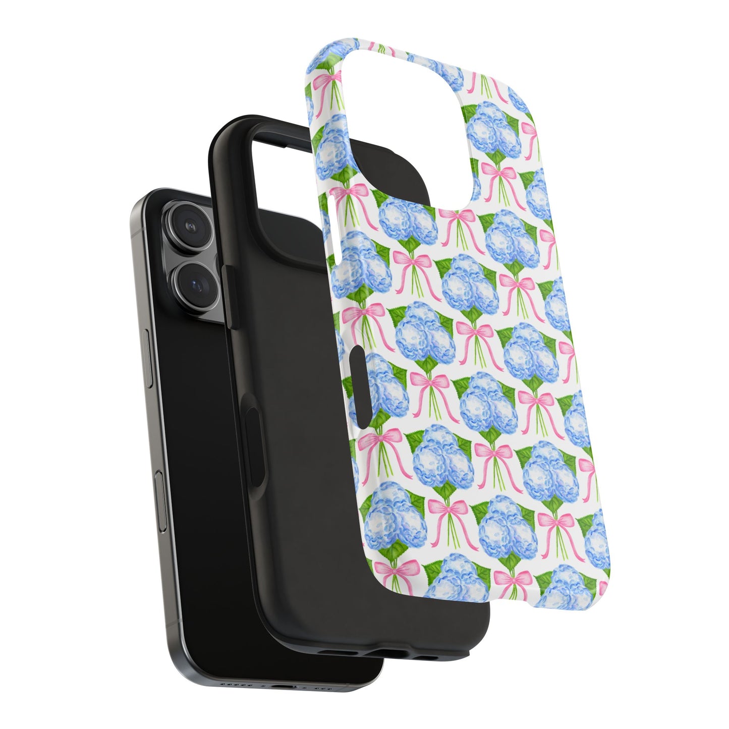 Blue Watercolor Hydrangea Bouqets with Light Pink Bows Watercolor Illustrated Patterned Tough Phone Case | Various Models