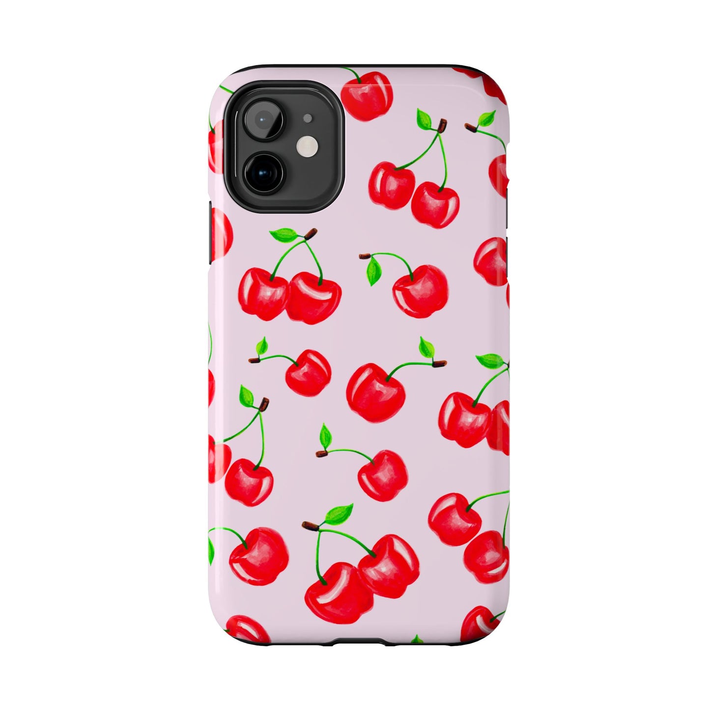 Tossed Red Watercolor Cherries Illustrated Pattern Light Pink Tough Phone Case | Various Models