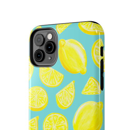 Bright Yellow Lemons Watercolor Illustrated Tossed Pattern Turquoise Blue Tough Phone Case | Various Models