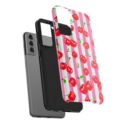 Tossed Red Watercolor Cherries Illustrated Pattern Light Pink Stripes Tough Phone Case | Various Models