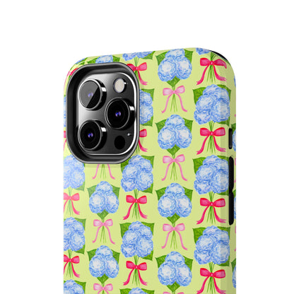 Watercolor Blue Hydrangea Bouquets with Hot Pink and Light Pink Bow Ribbons Illustrated Pattern Yellow Tough Phone Case | Various Models