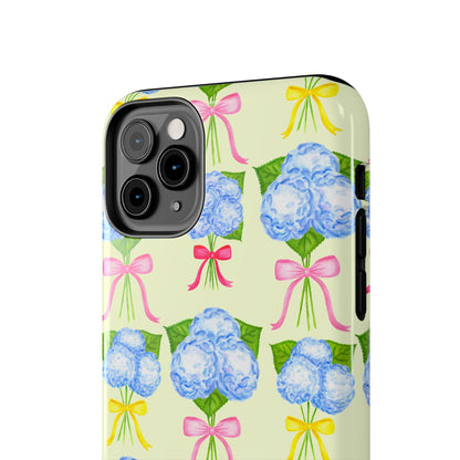Blue Hydrangeas with Hot Pink, Yellow, Light Pink Bows Watercolor Illustrated Patterned Light Yellow Tough Phone Case | Various Models