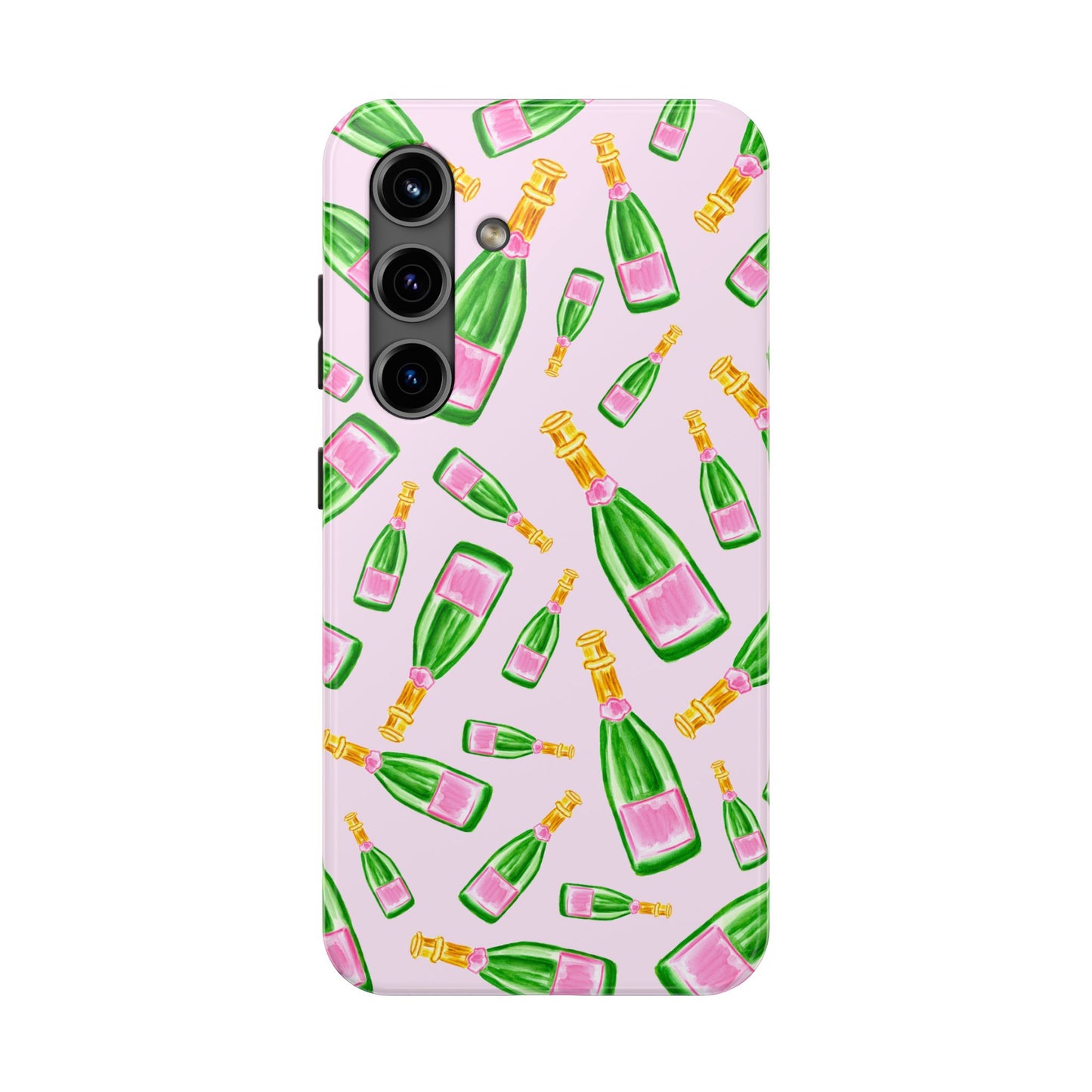 Tossed Pink and Green Watercolor Illustrated Champagne Bottles Pattern Blush Pink Tough Phone Case | Various Models