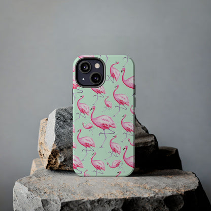 Pink Flamingos Watercolor Illustrated Tossed Pattern Green Phone Case | Various Models