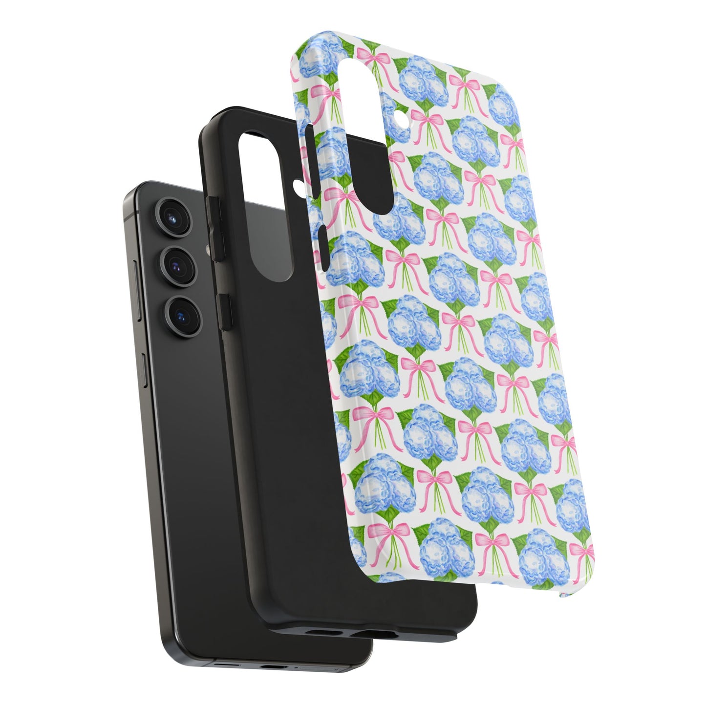 Blue Watercolor Hydrangea Bouqets with Light Pink Bows Watercolor Illustrated Patterned Tough Phone Case | Various Models
