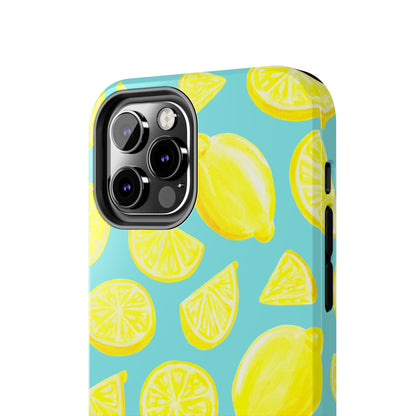 Bright Yellow Lemons Watercolor Illustrated Tossed Pattern Turquoise Blue Tough Phone Case | Various Models