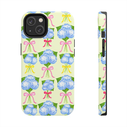 Blue Hydrangeas with Hot Pink, Yellow, Light Pink Bows Watercolor Illustrated Patterned Light Yellow Tough Phone Case | Various Models
