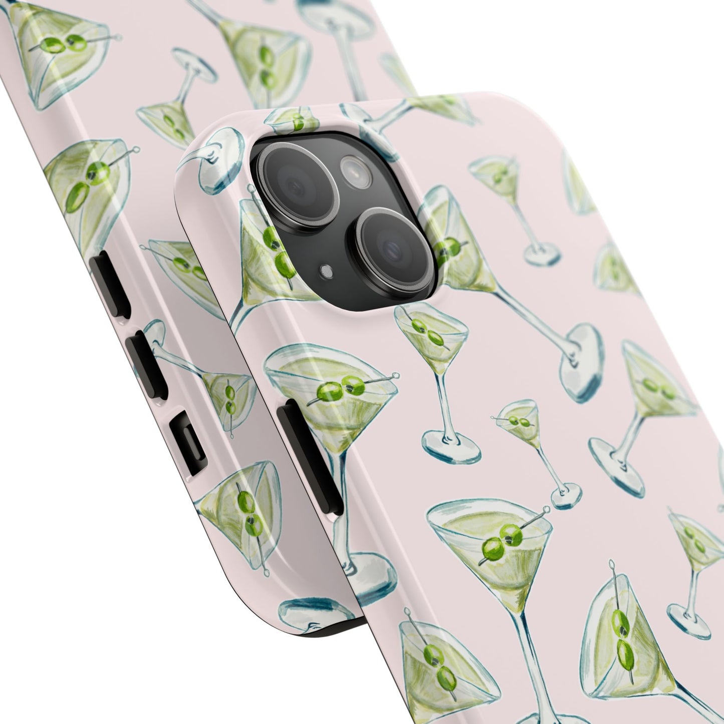 Watercolor Blue and Green Martinis Tossed Illustrated Pattern Blush Pink Tough Phone Case | Various Models