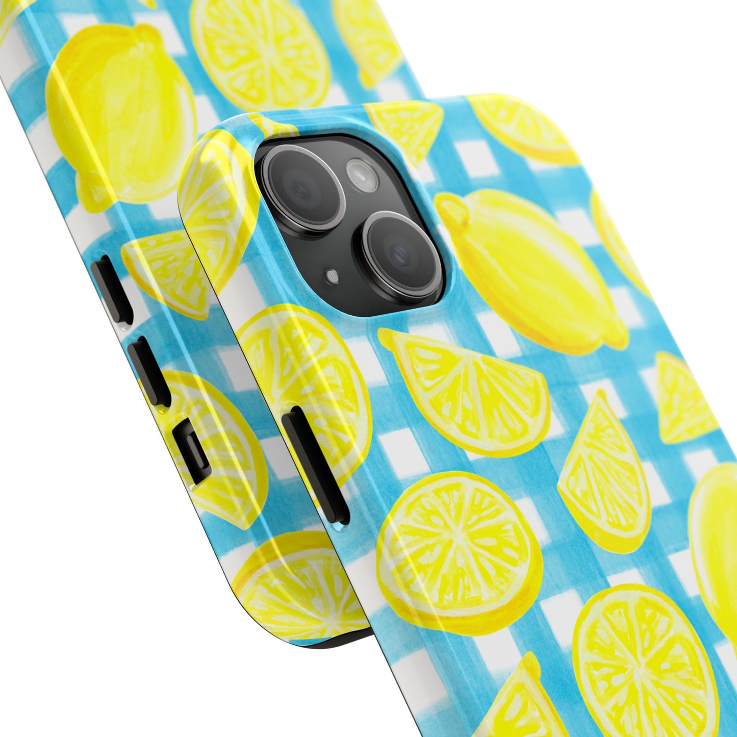 Bright Yellow Lemons Watercolor Illustrated Tossed Pattern Turquoise Gingham Tough Phone Case | Various Models